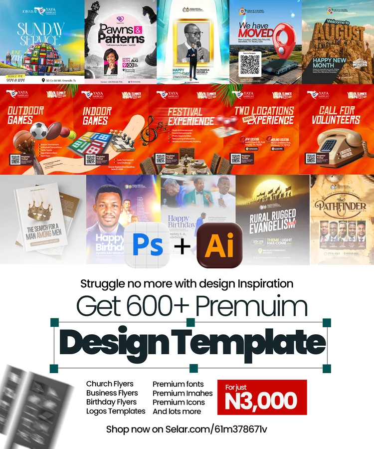 600+ premium design templates promo — church, business and birthday flyers, logos and fonts